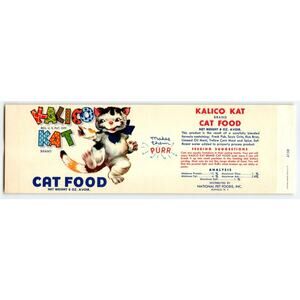 Kalico Kat Cat Food Makes Them Purr Dancing Kitten Label Vintage 1950's Fantasy